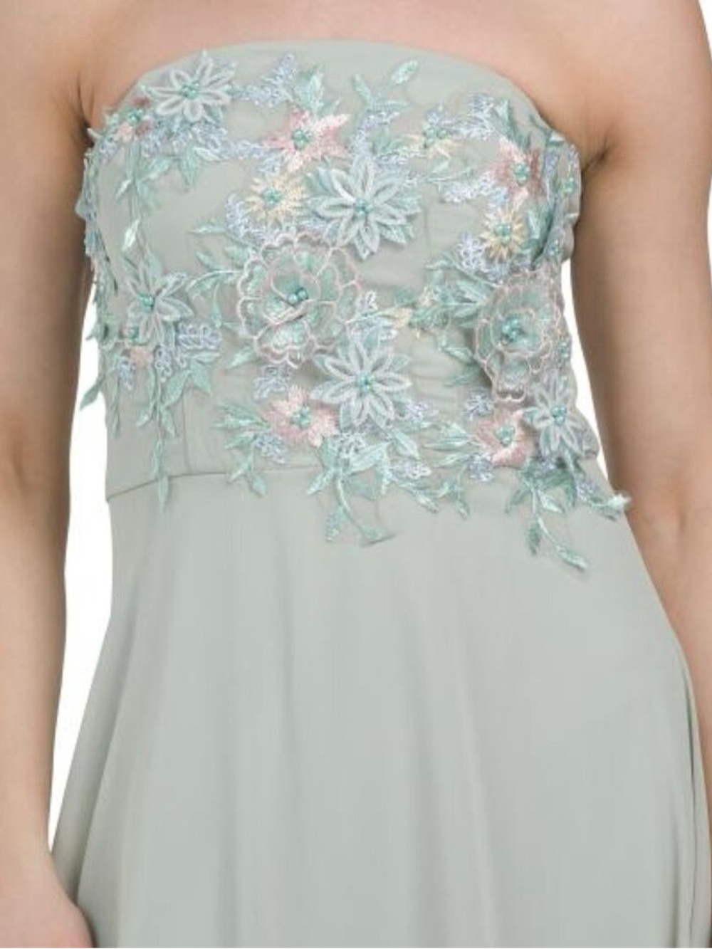 OC by Oleg Cassini Strapless Mint Green Floral Appliqué Dress